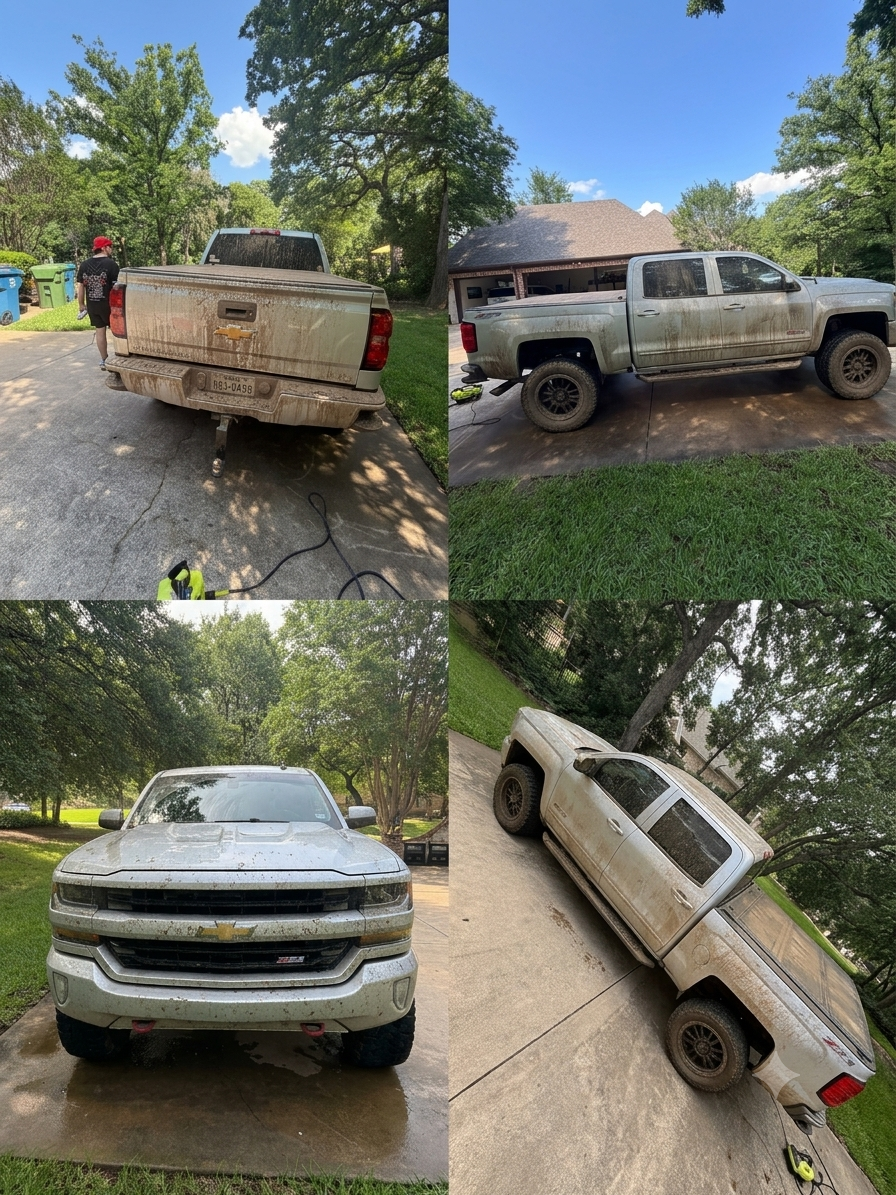 Chevrolet Silverado covered in mud shown from multiple angles before detailing
