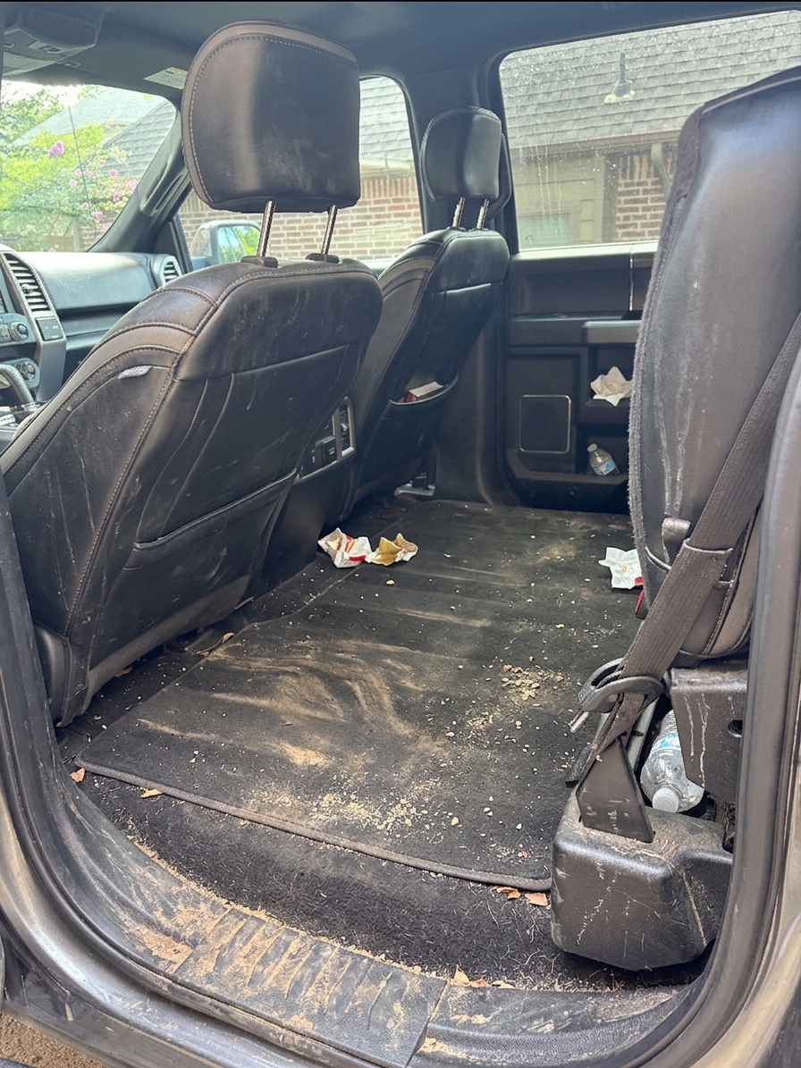Ford F-150 Platinum rear cabin with dirt and debris before detailing